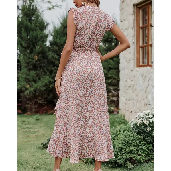 imageBTFBM Women Summer Dresses 2023 Ruffle Cap Sleeve V Neck Belt Wrap Split Boho Floral Long Casual Party Beach Maxi DressFloral Print Wine Red White