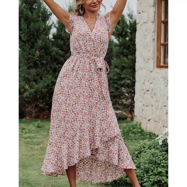 imageBTFBM Women Summer Dresses 2023 Ruffle Cap Sleeve V Neck Belt Wrap Split Boho Floral Long Casual Party Beach Maxi DressFloral Print Wine Red White