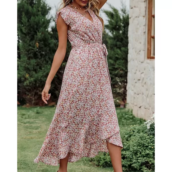 imageBTFBM Women Summer Dresses 2023 Ruffle Cap Sleeve V Neck Belt Wrap Split Boho Floral Long Casual Party Beach Maxi DressFloral Print Wine Red White