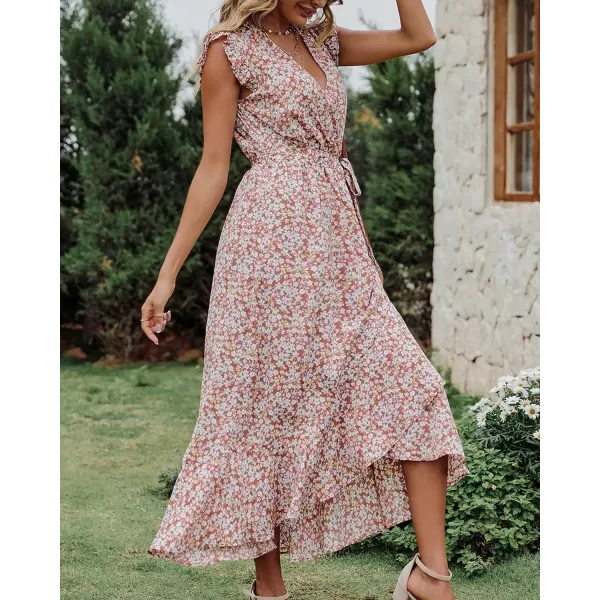 imageBTFBM Women Summer Dresses 2023 Ruffle Cap Sleeve V Neck Belt Wrap Split Boho Floral Long Casual Party Beach Maxi DressFloral Print Wine Red White
