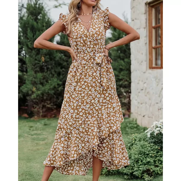 imageBTFBM Women Summer Dresses 2023 Ruffle Cap Sleeve V Neck Belt Wrap Split Boho Floral Long Casual Party Beach Maxi DressFloral Print Yellow