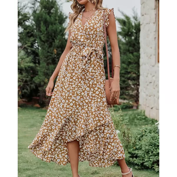 imageBTFBM Women Summer Dresses 2023 Ruffle Cap Sleeve V Neck Belt Wrap Split Boho Floral Long Casual Party Beach Maxi DressFloral Print Yellow