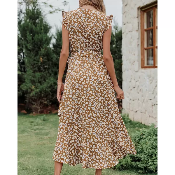 imageBTFBM Women Summer Dresses 2023 Ruffle Cap Sleeve V Neck Belt Wrap Split Boho Floral Long Casual Party Beach Maxi DressFloral Print Yellow