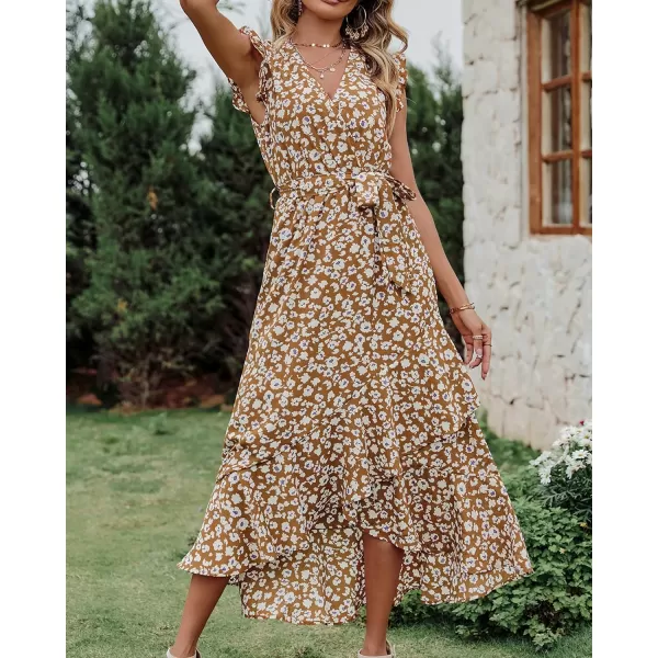 imageBTFBM Women Summer Dresses 2023 Ruffle Cap Sleeve V Neck Belt Wrap Split Boho Floral Long Casual Party Beach Maxi DressFloral Print Yellow