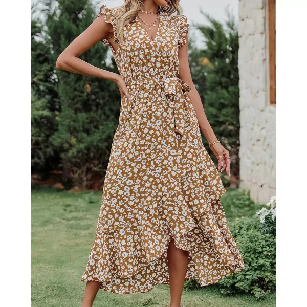 imageBTFBM Women Summer Dresses 2023 Ruffle Cap Sleeve V Neck Belt Wrap Split Boho Floral Long Casual Party Beach Maxi DressFloral Print Yellow