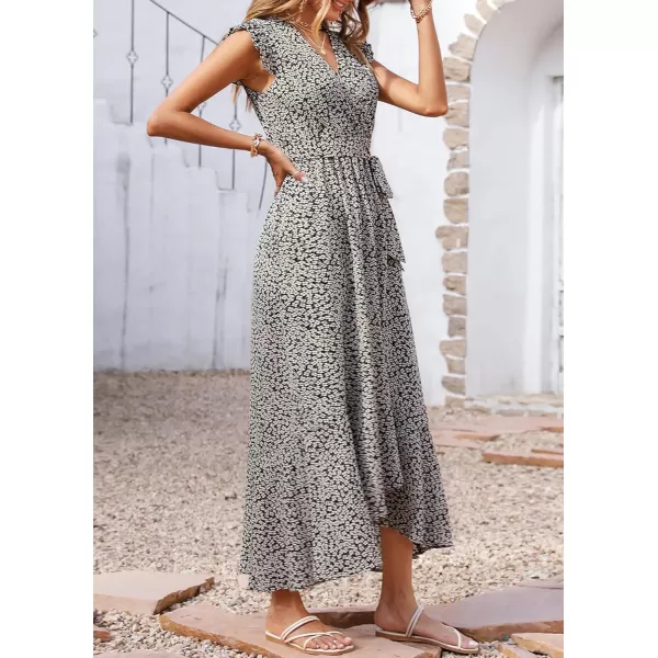 imageBTFBM Women Summer Dresses 2023 Ruffle Cap Sleeve V Neck Belt Wrap Split Boho Floral Long Casual Party Beach Maxi DressFloral White