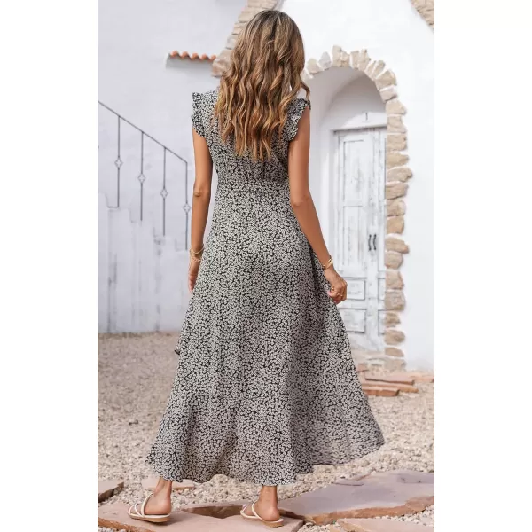 imageBTFBM Women Summer Dresses 2023 Ruffle Cap Sleeve V Neck Belt Wrap Split Boho Floral Long Casual Party Beach Maxi DressFloral White