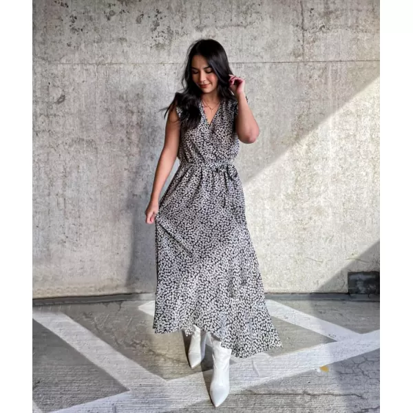 imageBTFBM Women Summer Dresses 2023 Ruffle Cap Sleeve V Neck Belt Wrap Split Boho Floral Long Casual Party Beach Maxi DressFloral White