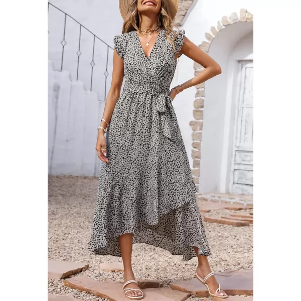imageBTFBM Women Summer Dresses 2023 Ruffle Cap Sleeve V Neck Belt Wrap Split Boho Floral Long Casual Party Beach Maxi DressFloral White