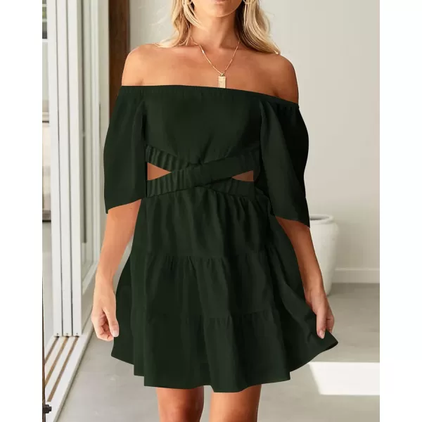 imageBTFBM Women Summer Dresses 2023 Square Neck Short Sleeve Cutout Crossover Waist Casual Party Tiered ALine Mini DressSolid Army Green