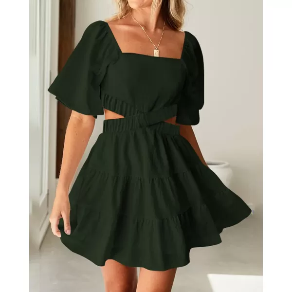 imageBTFBM Women Summer Dresses 2023 Square Neck Short Sleeve Cutout Crossover Waist Casual Party Tiered ALine Mini DressSolid Army Green