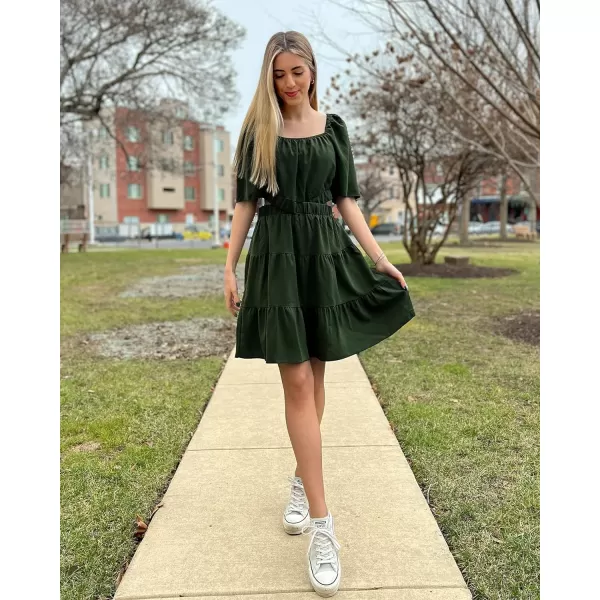 imageBTFBM Women Summer Dresses 2023 Square Neck Short Sleeve Cutout Crossover Waist Casual Party Tiered ALine Mini DressSolid Army Green