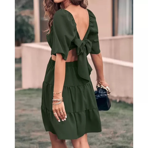 imageBTFBM Women Summer Dresses 2023 Square Neck Short Sleeve Cutout Crossover Waist Casual Party Tiered ALine Mini DressSolid Army Green