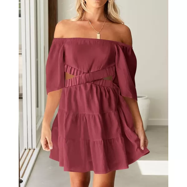 imageBTFBM Women Summer Dresses 2023 Square Neck Short Sleeve Cutout Crossover Waist Casual Party Tiered ALine Mini DressSolid Bean Paste Red