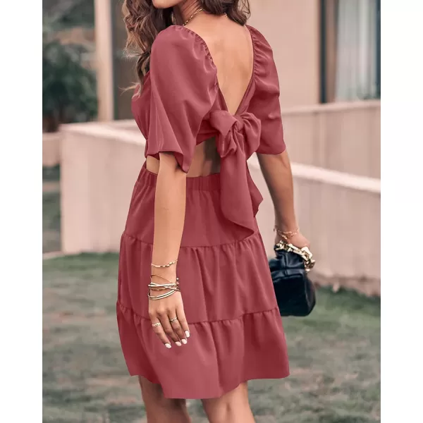 imageBTFBM Women Summer Dresses 2023 Square Neck Short Sleeve Cutout Crossover Waist Casual Party Tiered ALine Mini DressSolid Bean Paste Red