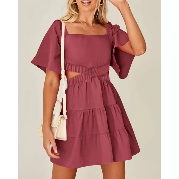 imageBTFBM Women Summer Dresses 2023 Square Neck Short Sleeve Cutout Crossover Waist Casual Party Tiered ALine Mini DressSolid Bean Paste Red
