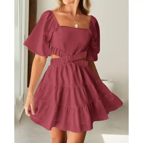 imageBTFBM Women Summer Dresses 2023 Square Neck Short Sleeve Cutout Crossover Waist Casual Party Tiered ALine Mini DressSolid Bean Paste Red