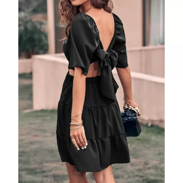 imageBTFBM Women Summer Dresses 2023 Square Neck Short Sleeve Cutout Crossover Waist Casual Party Tiered ALine Mini DressSolid Black