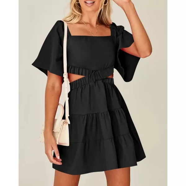 imageBTFBM Women Summer Dresses 2023 Square Neck Short Sleeve Cutout Crossover Waist Casual Party Tiered ALine Mini DressSolid Black