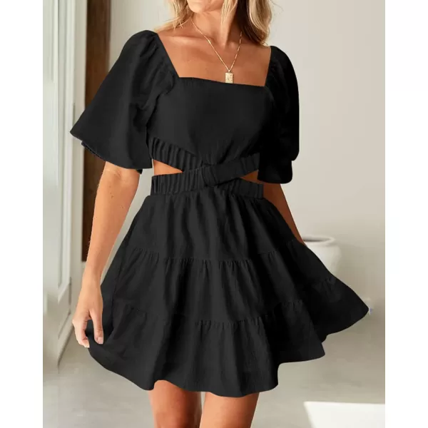 imageBTFBM Women Summer Dresses 2023 Square Neck Short Sleeve Cutout Crossover Waist Casual Party Tiered ALine Mini DressSolid Black