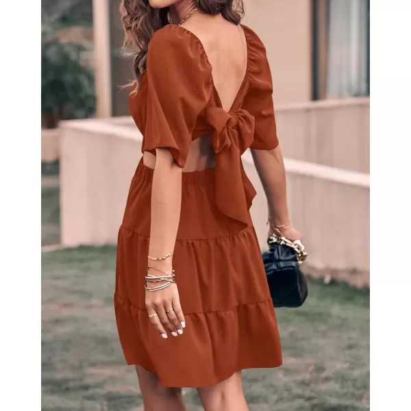 imageBTFBM Women Summer Dresses 2023 Square Neck Short Sleeve Cutout Crossover Waist Casual Party Tiered ALine Mini DressSolid Brick Red