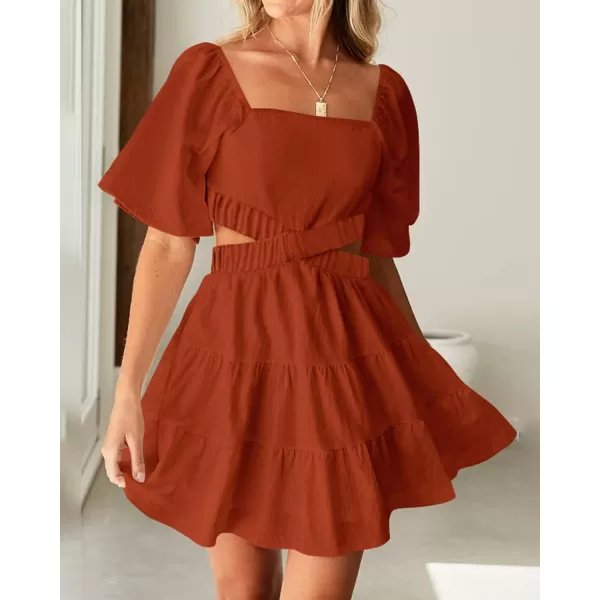 imageBTFBM Women Summer Dresses 2023 Square Neck Short Sleeve Cutout Crossover Waist Casual Party Tiered ALine Mini DressSolid Brick Red