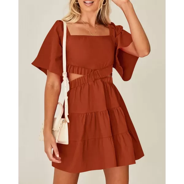 imageBTFBM Women Summer Dresses 2023 Square Neck Short Sleeve Cutout Crossover Waist Casual Party Tiered ALine Mini DressSolid Brick Red