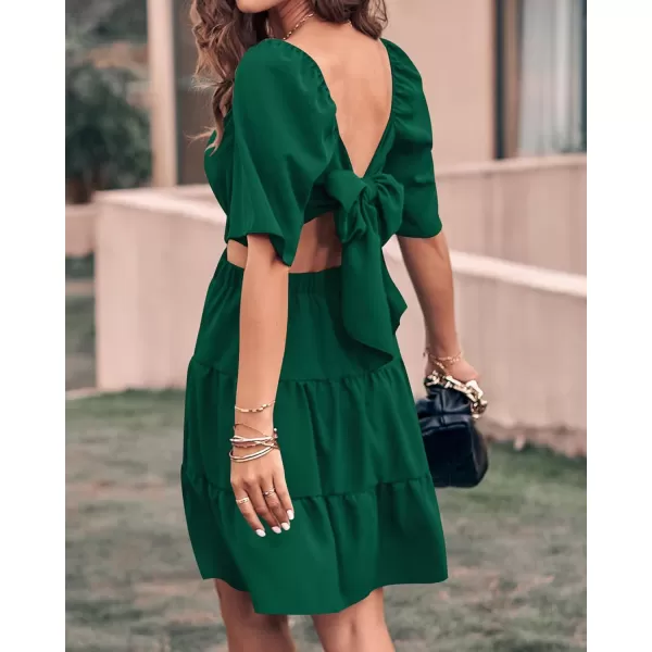 imageBTFBM Women Summer Dresses 2023 Square Neck Short Sleeve Cutout Crossover Waist Casual Party Tiered ALine Mini DressSolid Green