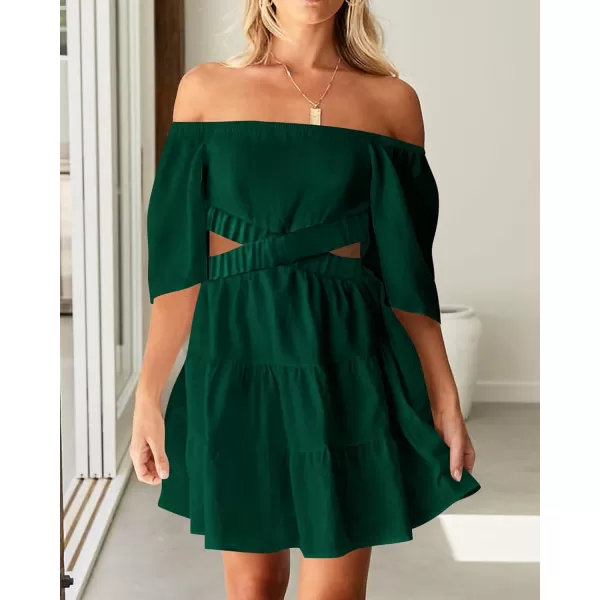 imageBTFBM Women Summer Dresses 2023 Square Neck Short Sleeve Cutout Crossover Waist Casual Party Tiered ALine Mini DressSolid Green