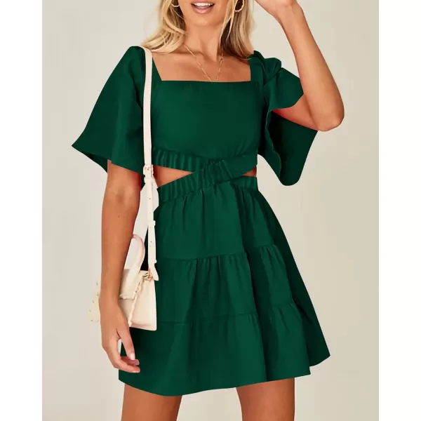 imageBTFBM Women Summer Dresses 2023 Square Neck Short Sleeve Cutout Crossover Waist Casual Party Tiered ALine Mini DressSolid Green