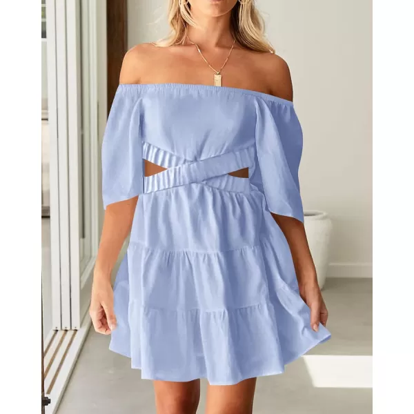 imageBTFBM Women Summer Dresses 2023 Square Neck Short Sleeve Cutout Crossover Waist Casual Party Tiered ALine Mini DressSolid Light Blue