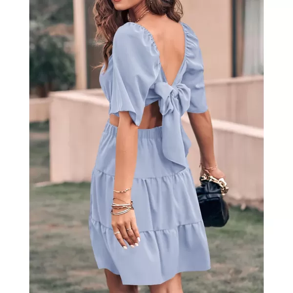 imageBTFBM Women Summer Dresses 2023 Square Neck Short Sleeve Cutout Crossover Waist Casual Party Tiered ALine Mini DressSolid Light Blue