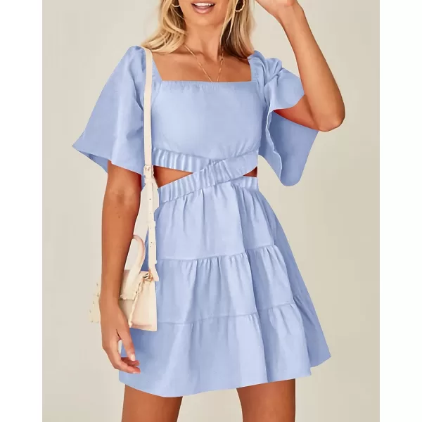 imageBTFBM Women Summer Dresses 2023 Square Neck Short Sleeve Cutout Crossover Waist Casual Party Tiered ALine Mini DressSolid Light Blue