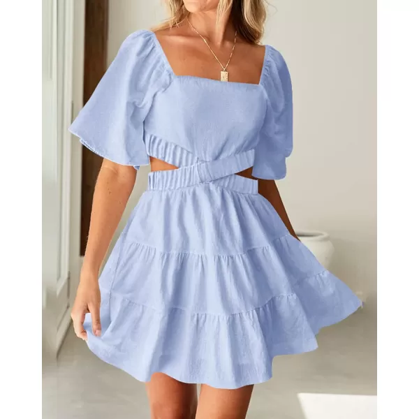 imageBTFBM Women Summer Dresses 2023 Square Neck Short Sleeve Cutout Crossover Waist Casual Party Tiered ALine Mini DressSolid Light Blue