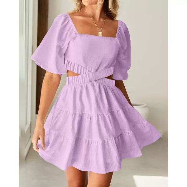 imageBTFBM Women Summer Dresses 2023 Square Neck Short Sleeve Cutout Crossover Waist Casual Party Tiered ALine Mini DressSolid Light Purple