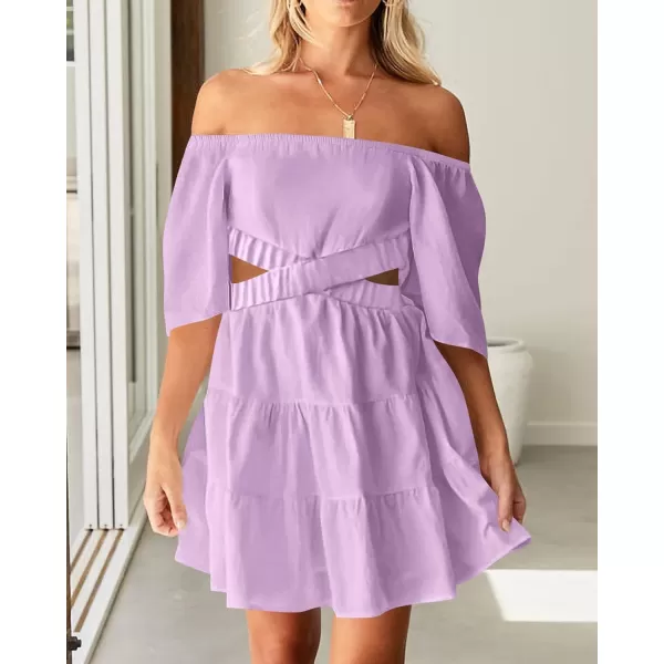 imageBTFBM Women Summer Dresses 2023 Square Neck Short Sleeve Cutout Crossover Waist Casual Party Tiered ALine Mini DressSolid Light Purple