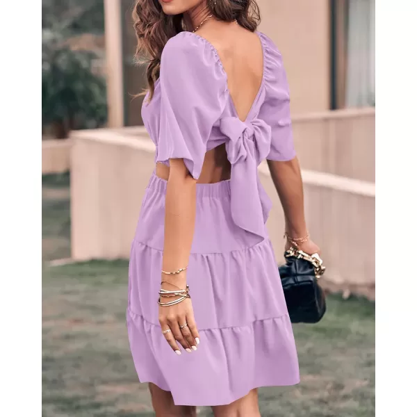 imageBTFBM Women Summer Dresses 2023 Square Neck Short Sleeve Cutout Crossover Waist Casual Party Tiered ALine Mini DressSolid Light Purple