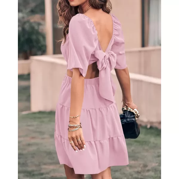 imageBTFBM Women Summer Dresses 2023 Square Neck Short Sleeve Cutout Crossover Waist Casual Party Tiered ALine Mini DressSolid Pink
