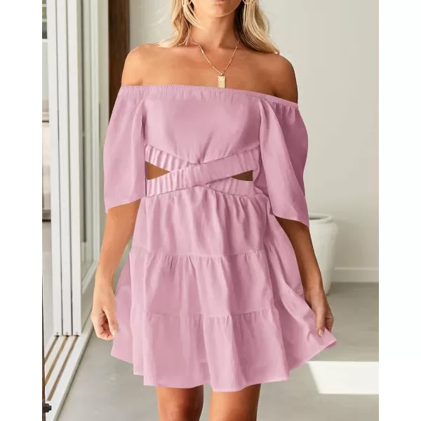 imageBTFBM Women Summer Dresses 2023 Square Neck Short Sleeve Cutout Crossover Waist Casual Party Tiered ALine Mini DressSolid Pink