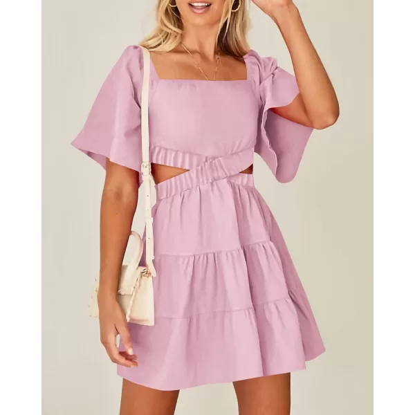 imageBTFBM Women Summer Dresses 2023 Square Neck Short Sleeve Cutout Crossover Waist Casual Party Tiered ALine Mini DressSolid Pink