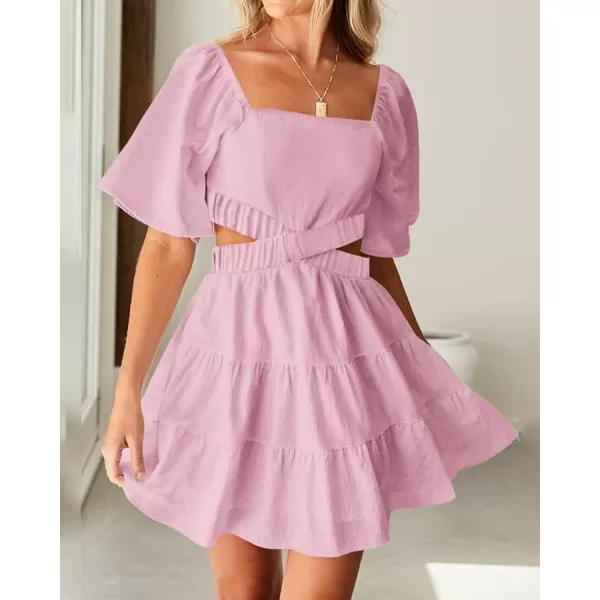 imageBTFBM Women Summer Dresses 2023 Square Neck Short Sleeve Cutout Crossover Waist Casual Party Tiered ALine Mini DressSolid Pink