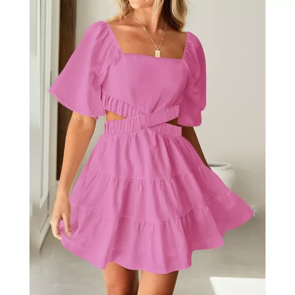 imageBTFBM Women Summer Dresses 2023 Square Neck Short Sleeve Cutout Crossover Waist Casual Party Tiered ALine Mini DressSolid Rose Pink
