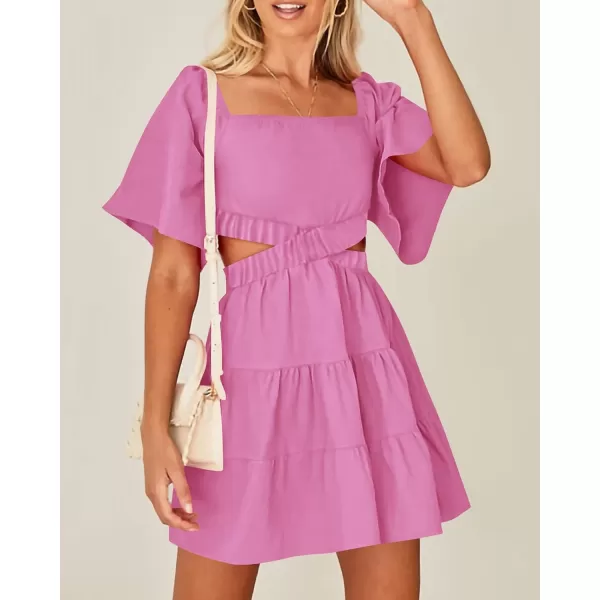 imageBTFBM Women Summer Dresses 2023 Square Neck Short Sleeve Cutout Crossover Waist Casual Party Tiered ALine Mini DressSolid Rose Pink