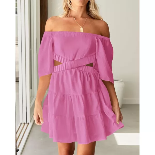 imageBTFBM Women Summer Dresses 2023 Square Neck Short Sleeve Cutout Crossover Waist Casual Party Tiered ALine Mini DressSolid Rose Pink