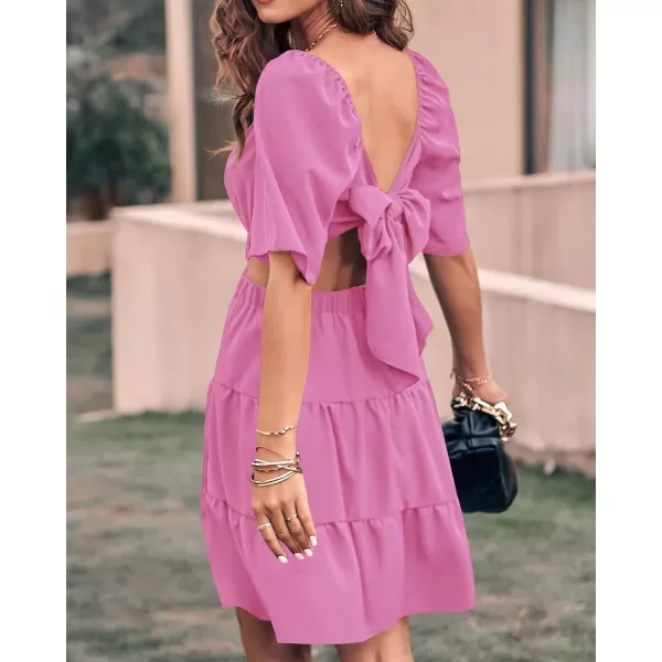imageBTFBM Women Summer Dresses 2023 Square Neck Short Sleeve Cutout Crossover Waist Casual Party Tiered ALine Mini DressSolid Rose Pink