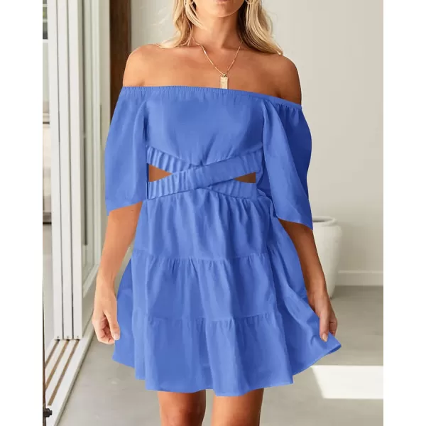 imageBTFBM Women Summer Dresses 2023 Square Neck Short Sleeve Cutout Crossover Waist Casual Party Tiered ALine Mini DressSolid Sky Blue