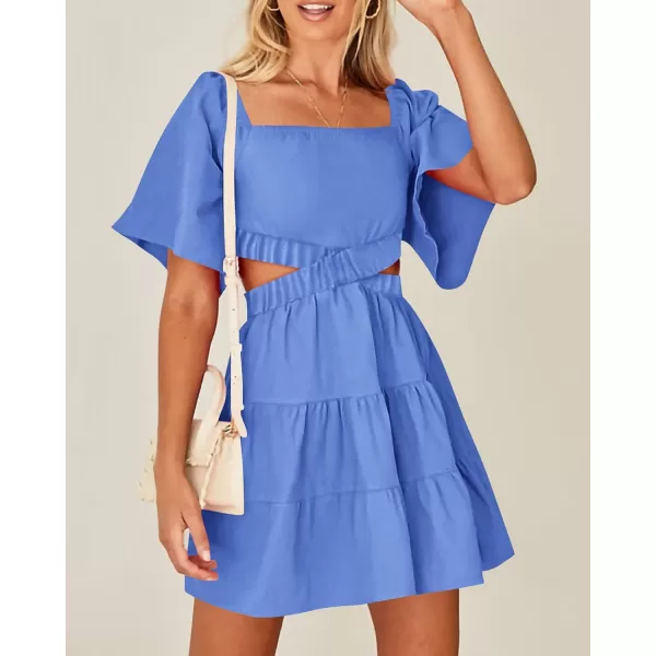 imageBTFBM Women Summer Dresses 2023 Square Neck Short Sleeve Cutout Crossover Waist Casual Party Tiered ALine Mini DressSolid Sky Blue