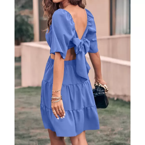 imageBTFBM Women Summer Dresses 2023 Square Neck Short Sleeve Cutout Crossover Waist Casual Party Tiered ALine Mini DressSolid Sky Blue
