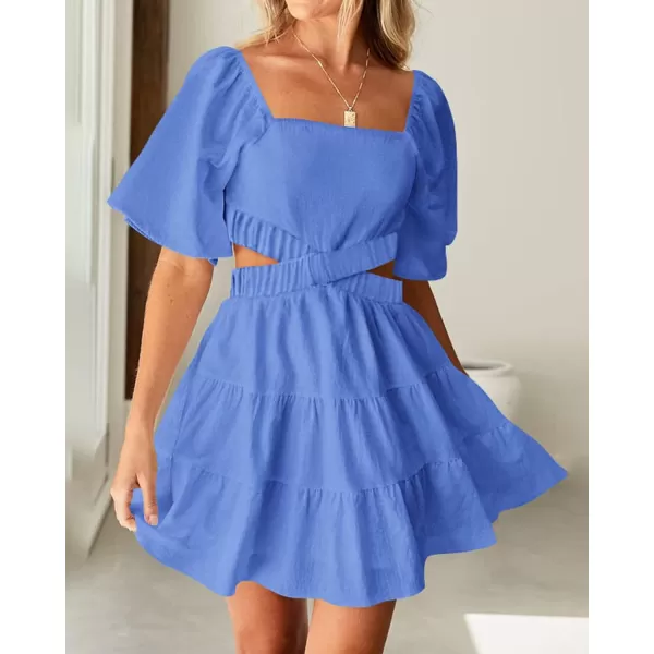 imageBTFBM Women Summer Dresses 2023 Square Neck Short Sleeve Cutout Crossover Waist Casual Party Tiered ALine Mini DressSolid Sky Blue
