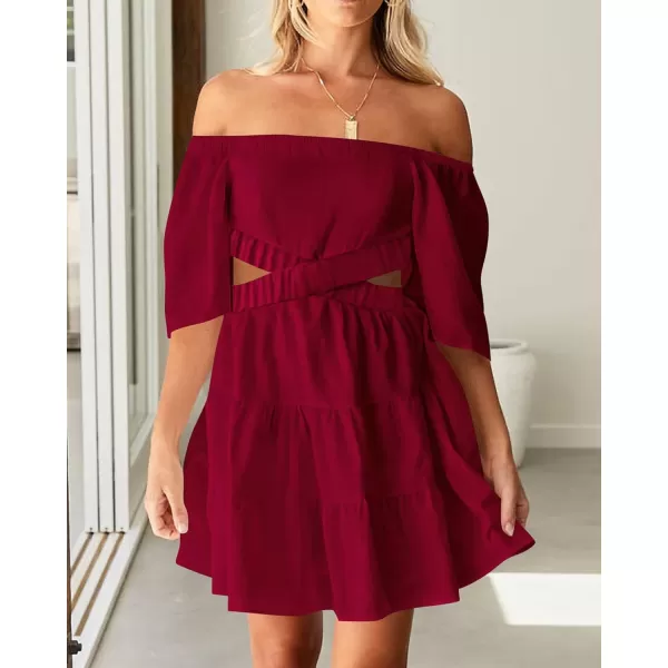 imageBTFBM Women Summer Dresses 2023 Square Neck Short Sleeve Cutout Crossover Waist Casual Party Tiered ALine Mini DressSolid Wine Red